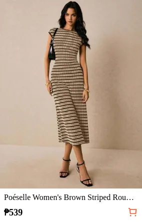 Poéselle Women's Brown Striped Round Neck Cap Sleeve Casual Elegant Dress, Dress For Women, Dress,Casual Dresses For Women Brunch Summer