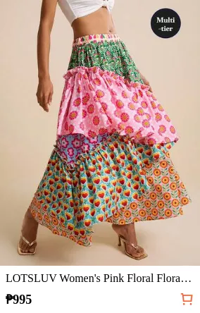 LOTSLUV Women's Pink Floral Floral Patchwork Tiered A-Line Skirt,Summer Casual Party Beach Vacation Holiday Elegant Asymmetric Hippie Boho Floral Print Skirts