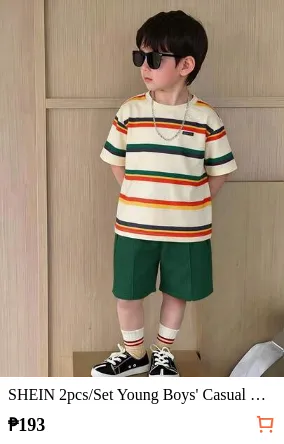 SHEIN 2pcs/Set Young Boys' Casual Comfortable Versatile Striped Print Contrast Color Pocket Round Neck Short Sleeve T-Shirt And Solid Color Shorts Set