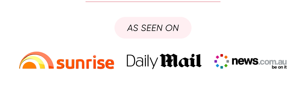 Row of media outlet logos under the heading "As Seen," including Sunrise, Daily Mail, and news.com.au.