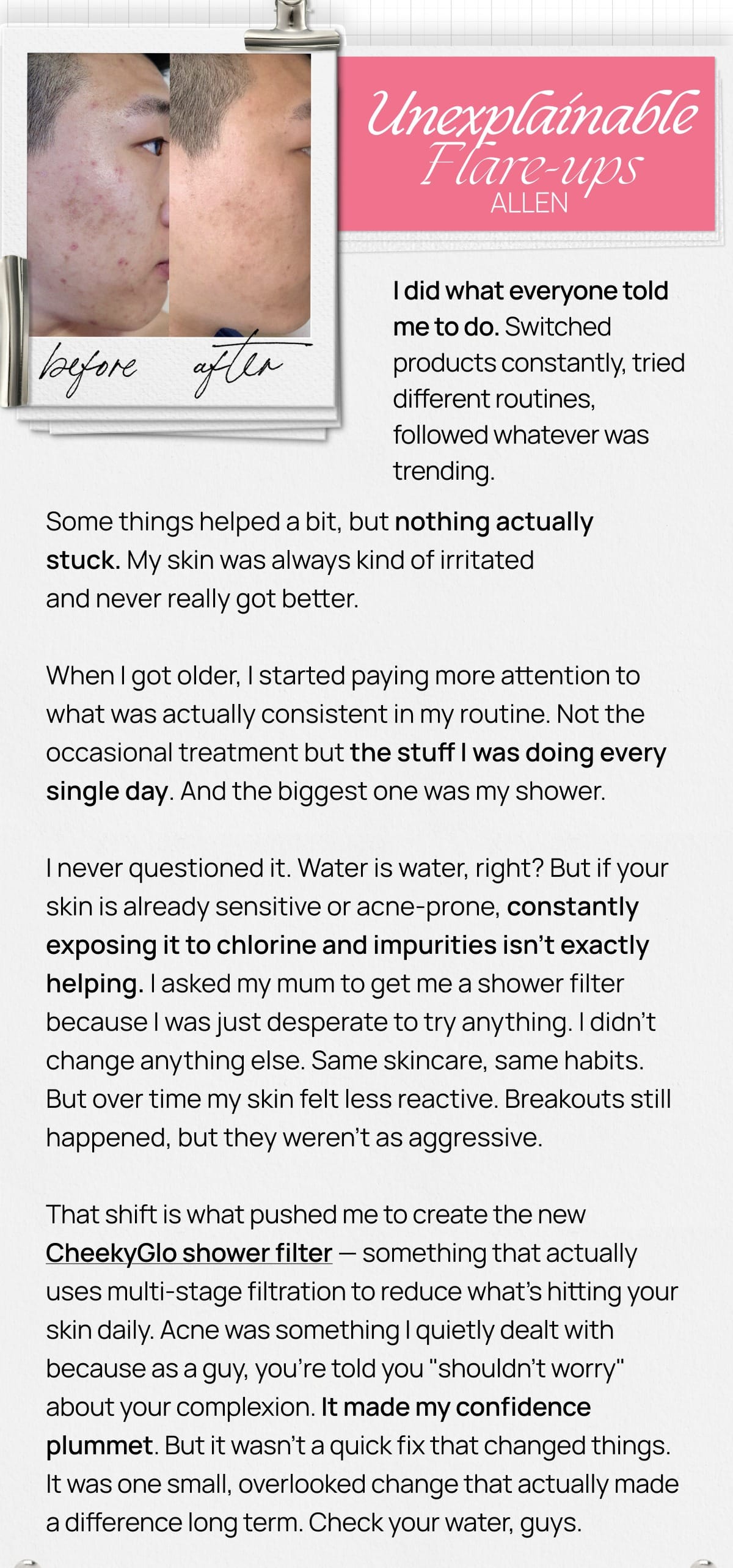 Allen's unexplainable flare-ups story with before and after skin photos