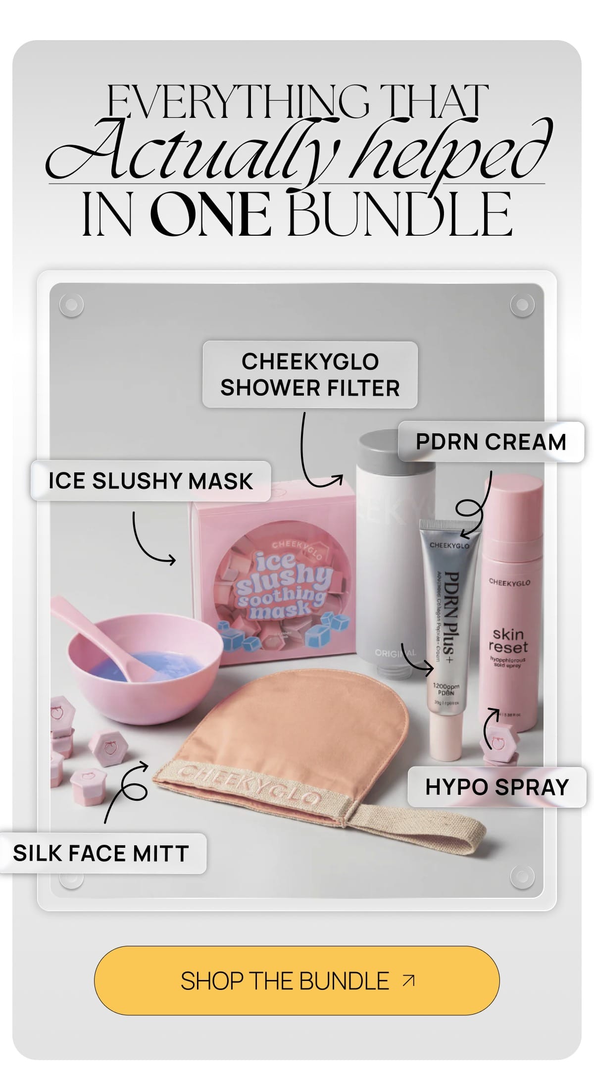 Full CheekyGlo acne bundle including silk mitt, Pdrn cream, spray, mask and shower filter