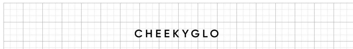CheekyGlo brand logo in black text on a white grid background