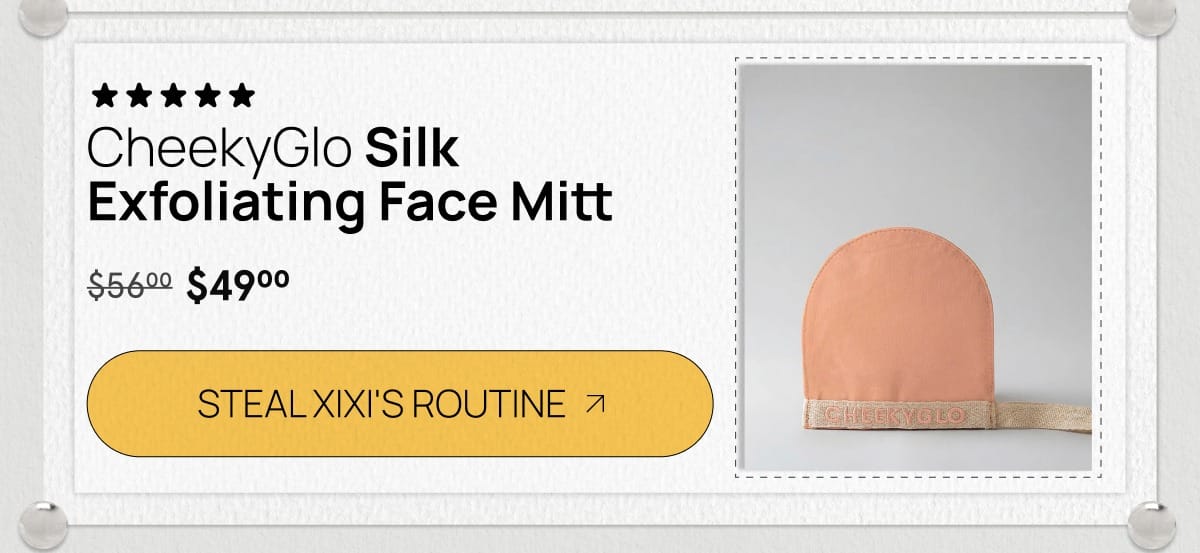 CheekyGlo Silk Exfoliating Face Mitt in peach with five stars and reduced value