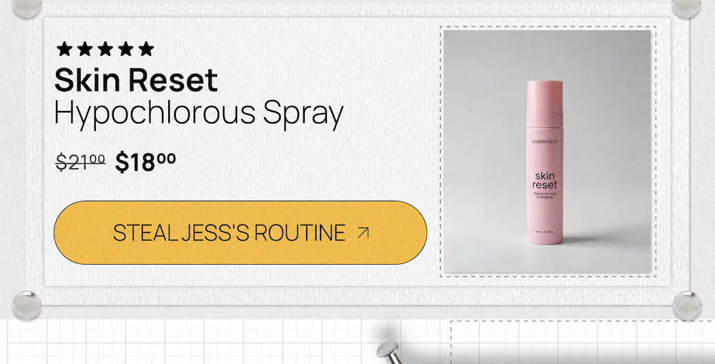 Skin Reset Hypochlorous Spray in pink bottle with five stars and reduced value