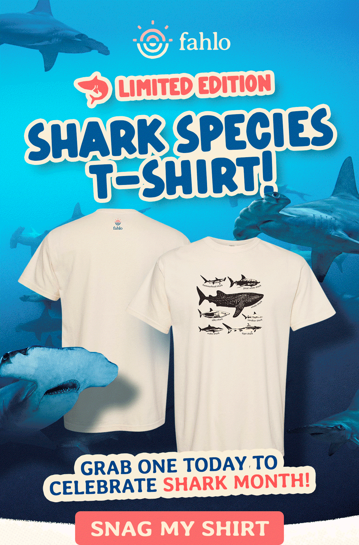Celebrate all the shark species we have tracked long after July with the limited edition Shark Species t-shirt from Fahlo. This is a Shark Month merch drop you do not want to miss.