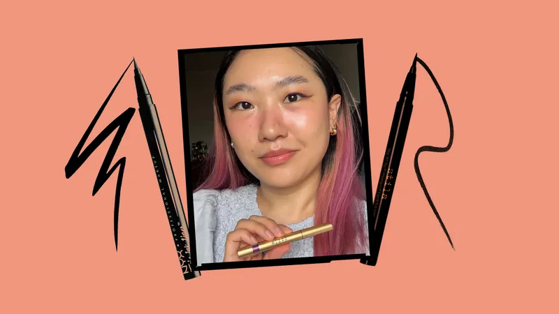 A collage of an Allure editor wearing the Stila Stay All Day Chroma-Flash Liquid Eyeliner alongside other liquid eyeliner product silos on an orange background