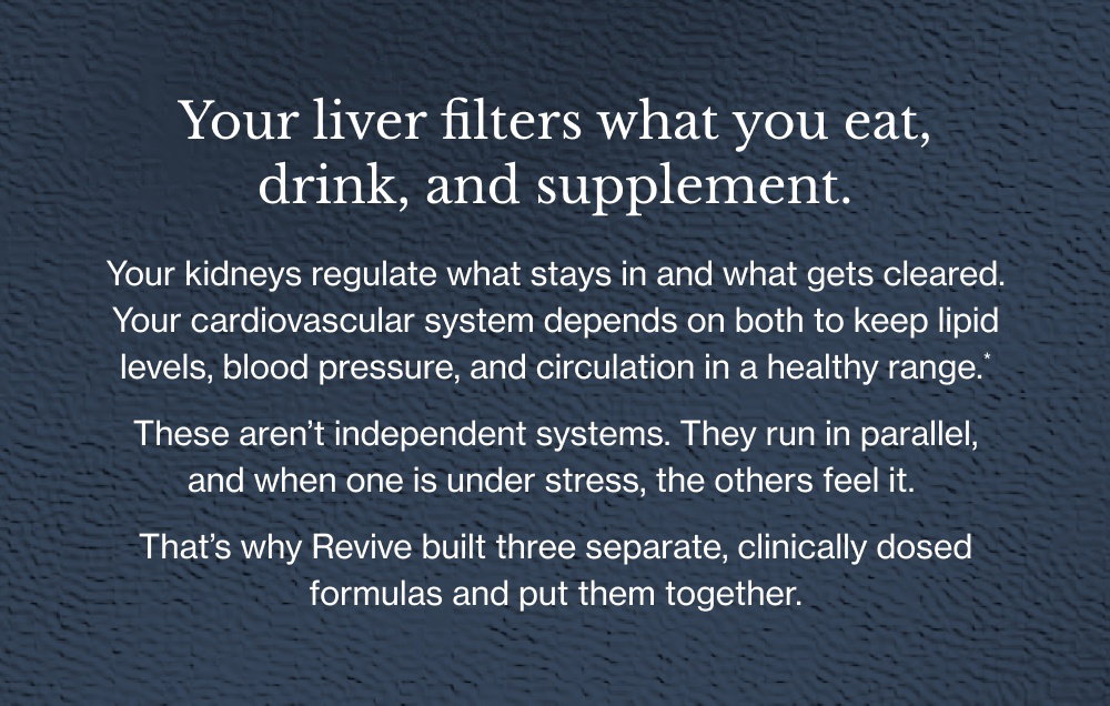 Your liver filters what you eat, drink, and supplement. Your kidneys regulate what stays in and what gets cleared. Your cardiovascular system depends on both to keep lipid levels, blood pressure, and circulation in a healthy range.* These aren’t independent systems. They run in parallel, and when one is under stress, the others feel it. That’s why Revive built three separate, clinically dosed formulas and put them together.
