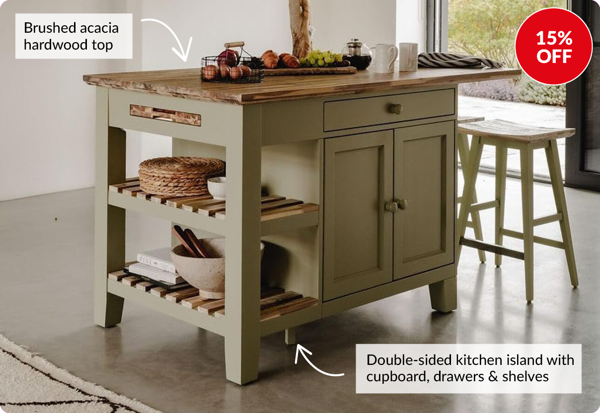 15% off. brushed acacia hardwood top. Double-sided kitchen island with cupboards, drawers and shelves