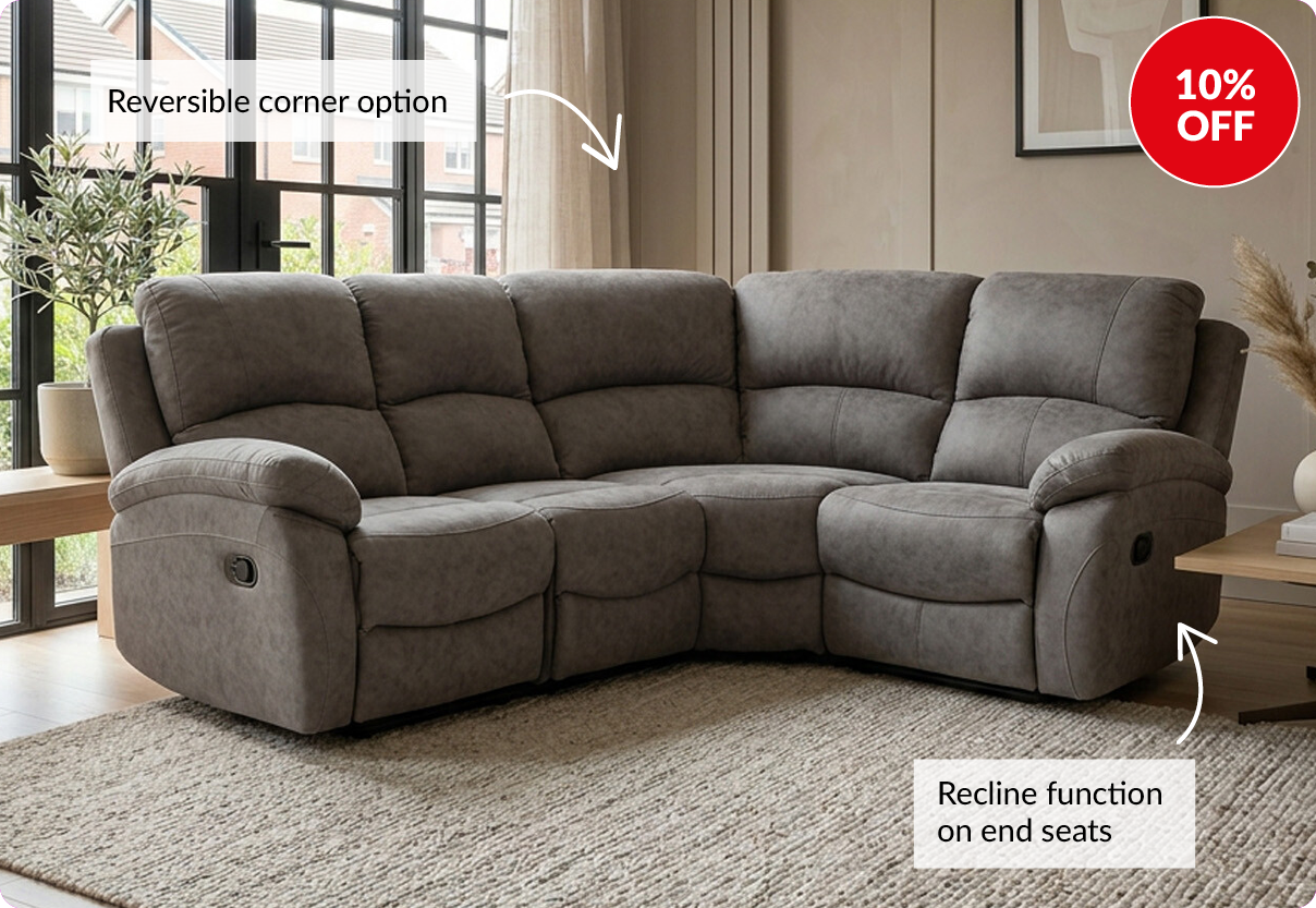 10% off. reversible corner option. Recline function on end seats