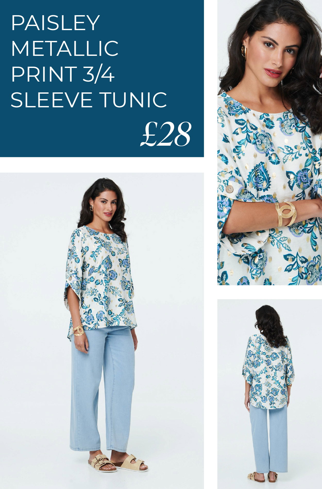 Paisley Metallic Print 3/4 Sleeve Tunic | Shop Now