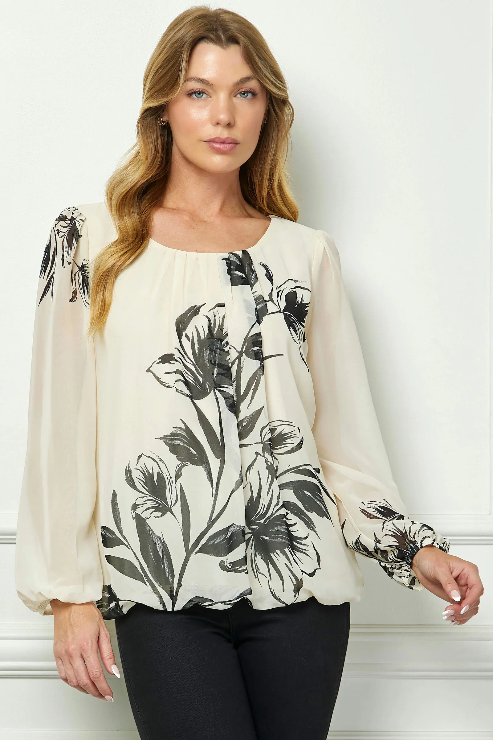 Image of Long Sleeve Placement Print Bubble Blouse