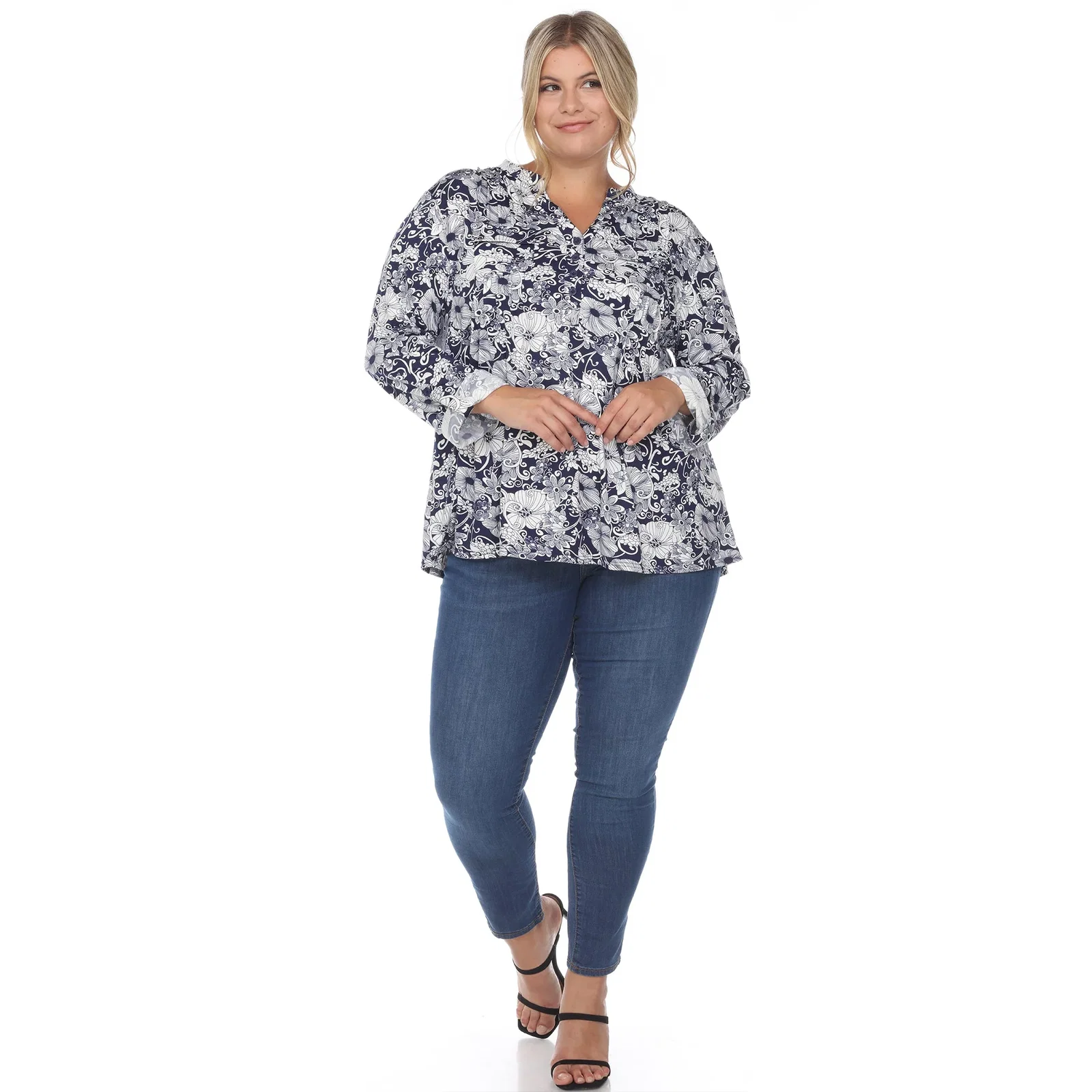 Image of Pleated Long Sleeve Floral Print Blouse - Plus