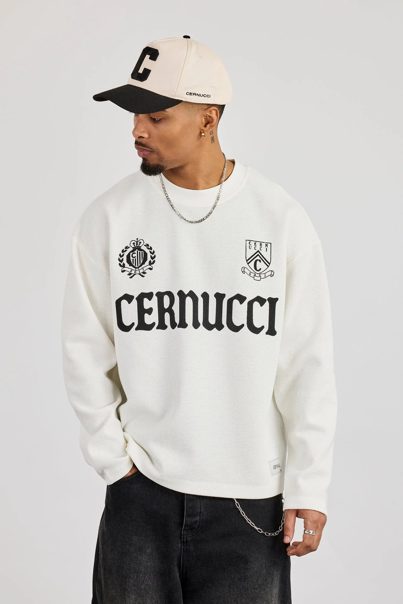 Image of Long Sleeve Waffle Print T-Shirt - Off White