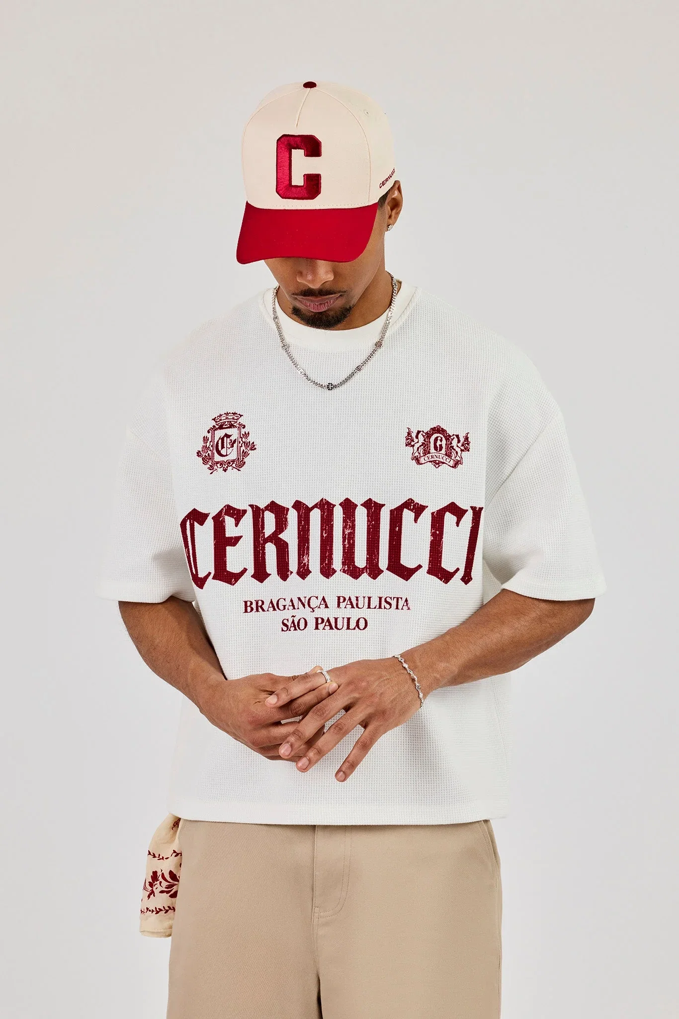 Image of Boxy Waffle Contrast Print T-Shirt - Off White