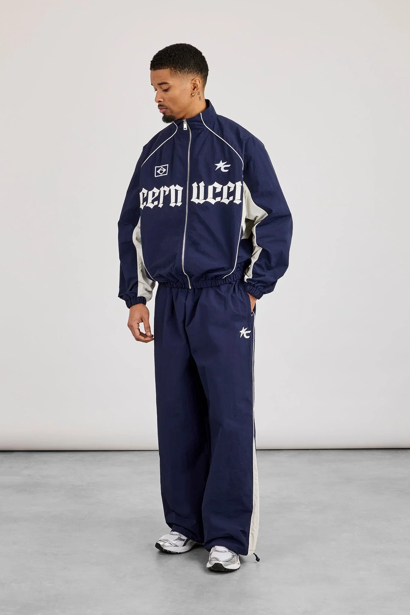 Image of Oversized Nylon Panelled Track Top & Panelled Joggers - Navy