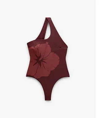 Asymmetric swimsuit printed with floral pattern