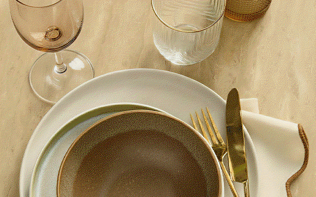Two images alongside each other: one shows a neutral tablescape with a vase, candle and ornaments; the other shows three woven baskets.