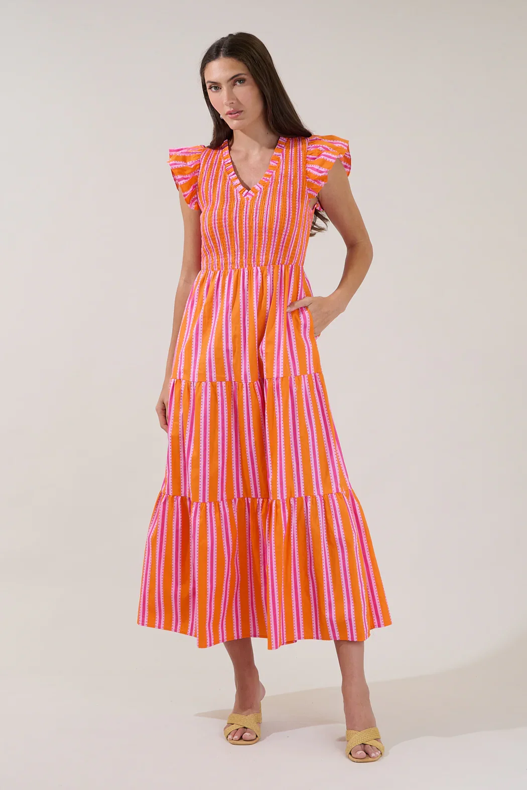 Image of Sunfire Tiered Midi Dress Candy Stripe