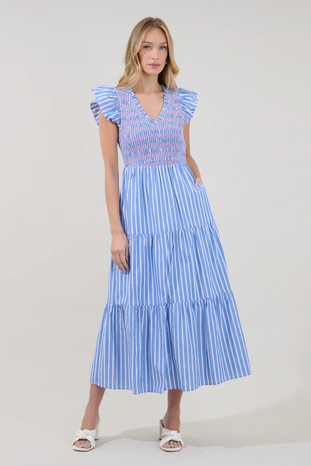 Image of Sunfire Tiered Stitch Midi Dress Stripe