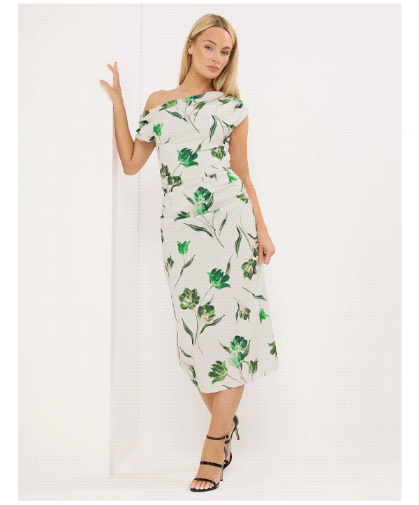 STAR White Floral Draped Midi Dress