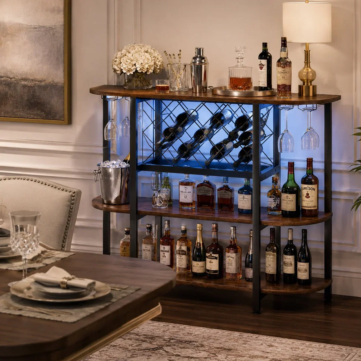 Image of Multi-Tier Home Bar Cabinet Wine Storage with LED Lights