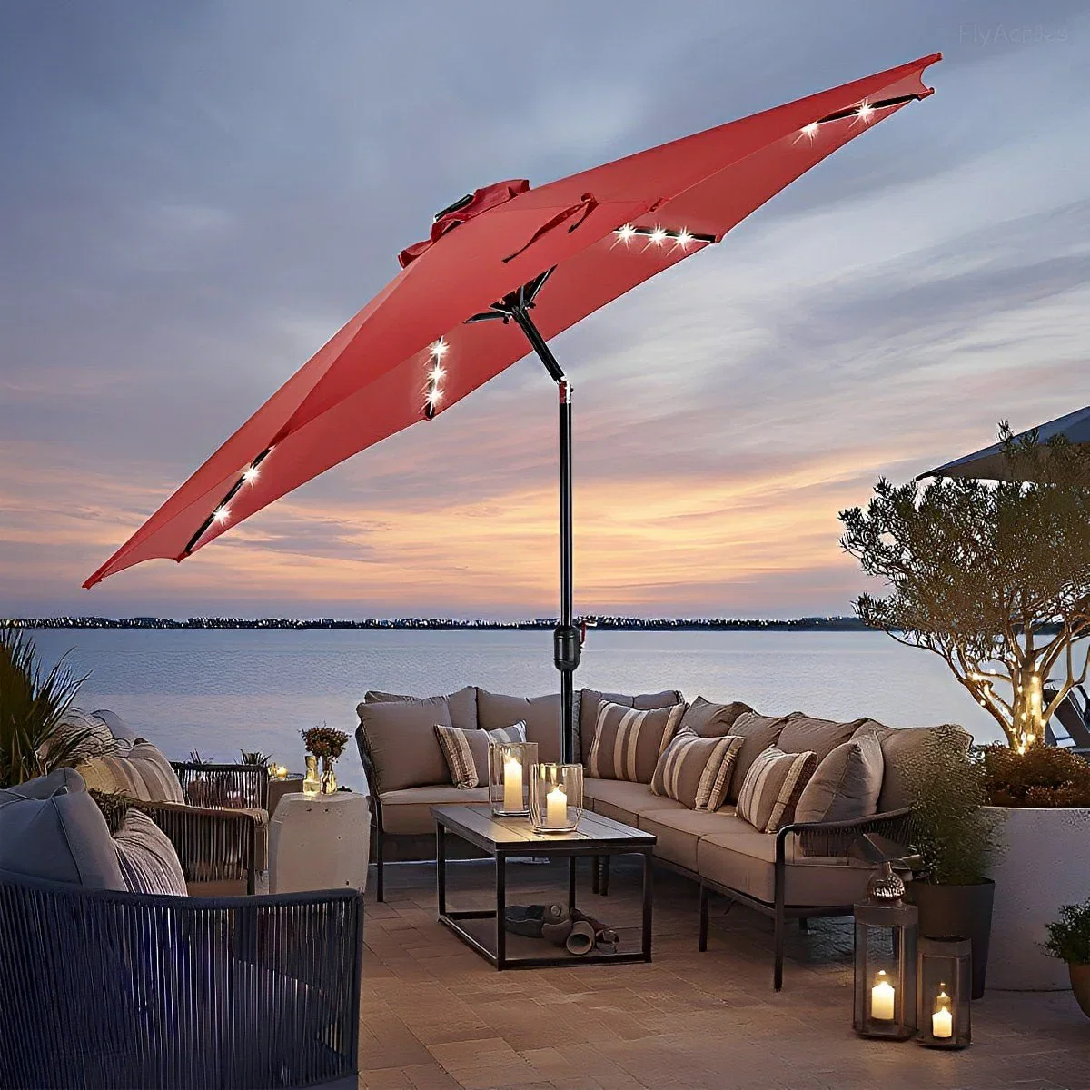 Image of 9.5FT Solar LED Light Outdoor Umbrella with Tilt Adjustment