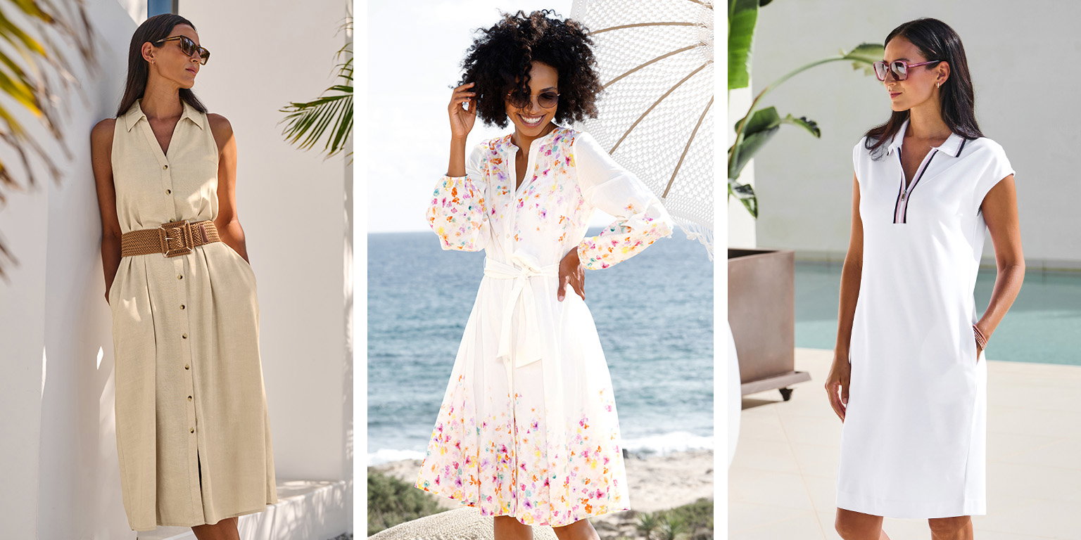 Drei Models präsentieren Sommerkleider: links ein ärmelloses beiges Kleid mit Gürtel, Mitte ein weisses Kleid mit buntem Blumenmuster und langen Ärmeln, rechts ein schlichtes weisses Kleid mit kurzem Kragen und Taschen.