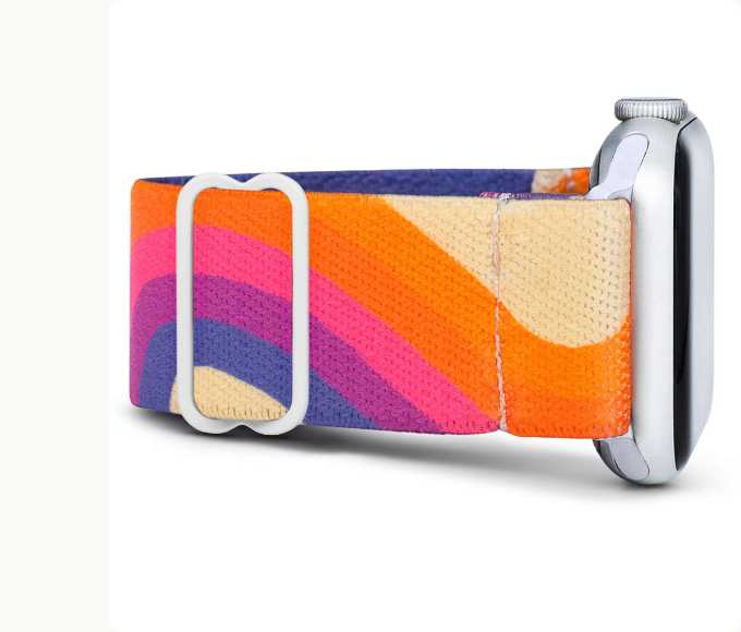 Close-up of Apple Watch with a multi-colored Sunset band.
