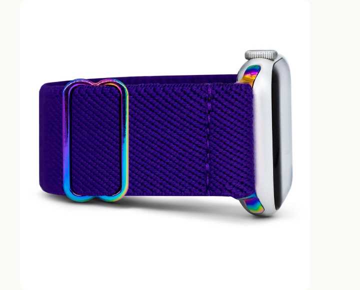 Close-up of Apple Watch with a purple Plum band.