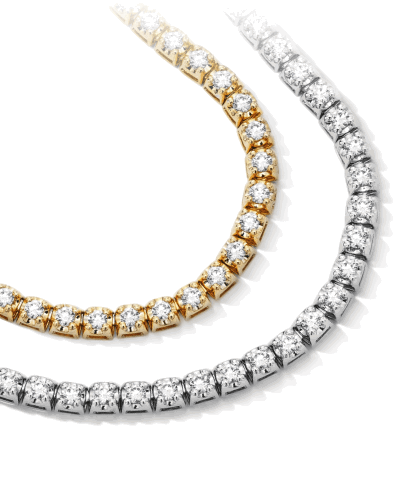 Diamond tennis necklaces in yellow gold and white gold.