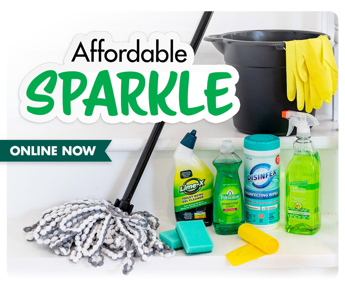 Affordable Sparkle. Image of cleaning supplies including a bucket, rubber gloves, mop, sponges, cleaning sprays and sanitizing wipes.
