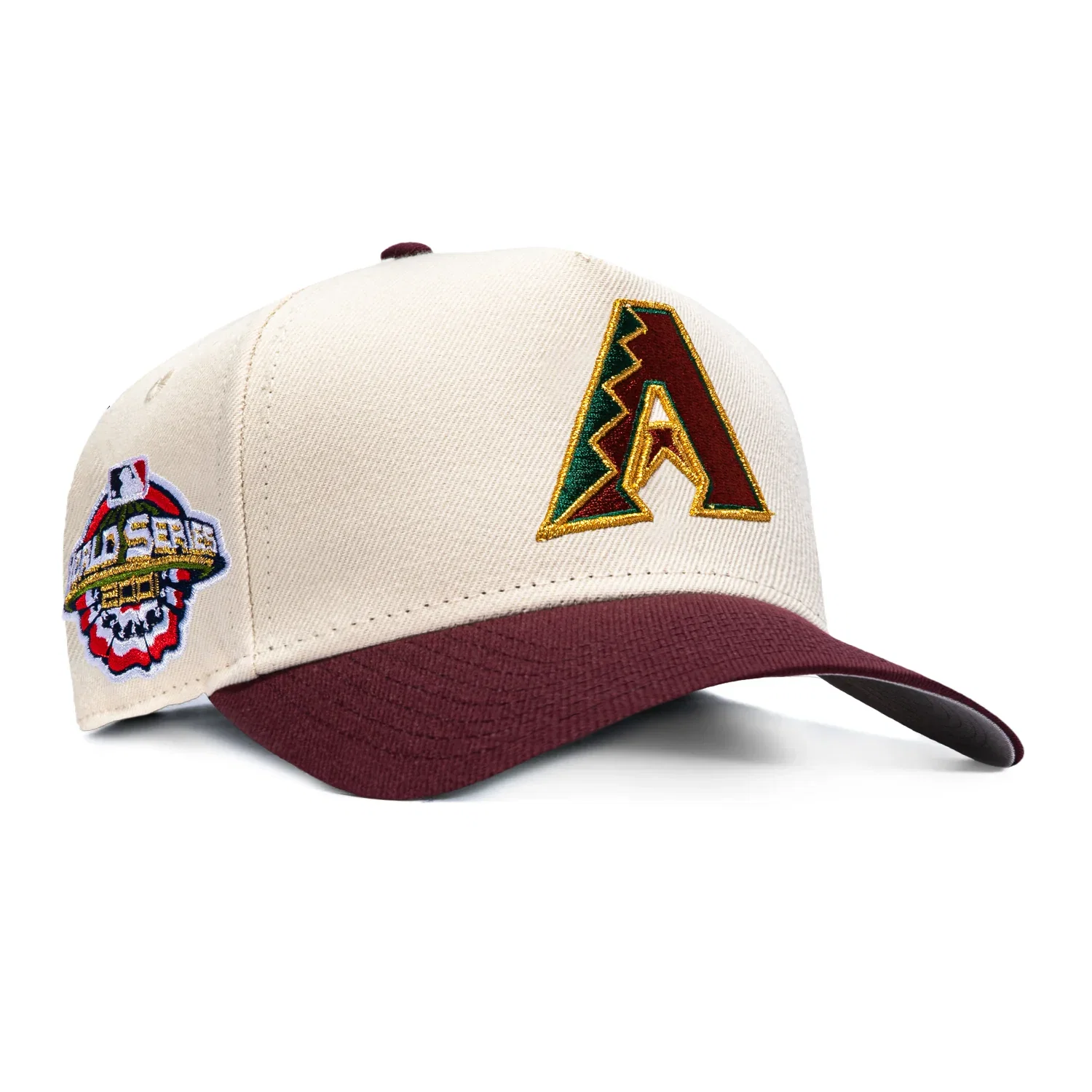 Image of New Era 9Forty A-Frame Arizona Diamondbacks 2001 World Series Patch A Snapback Hat - Cream, Maroon