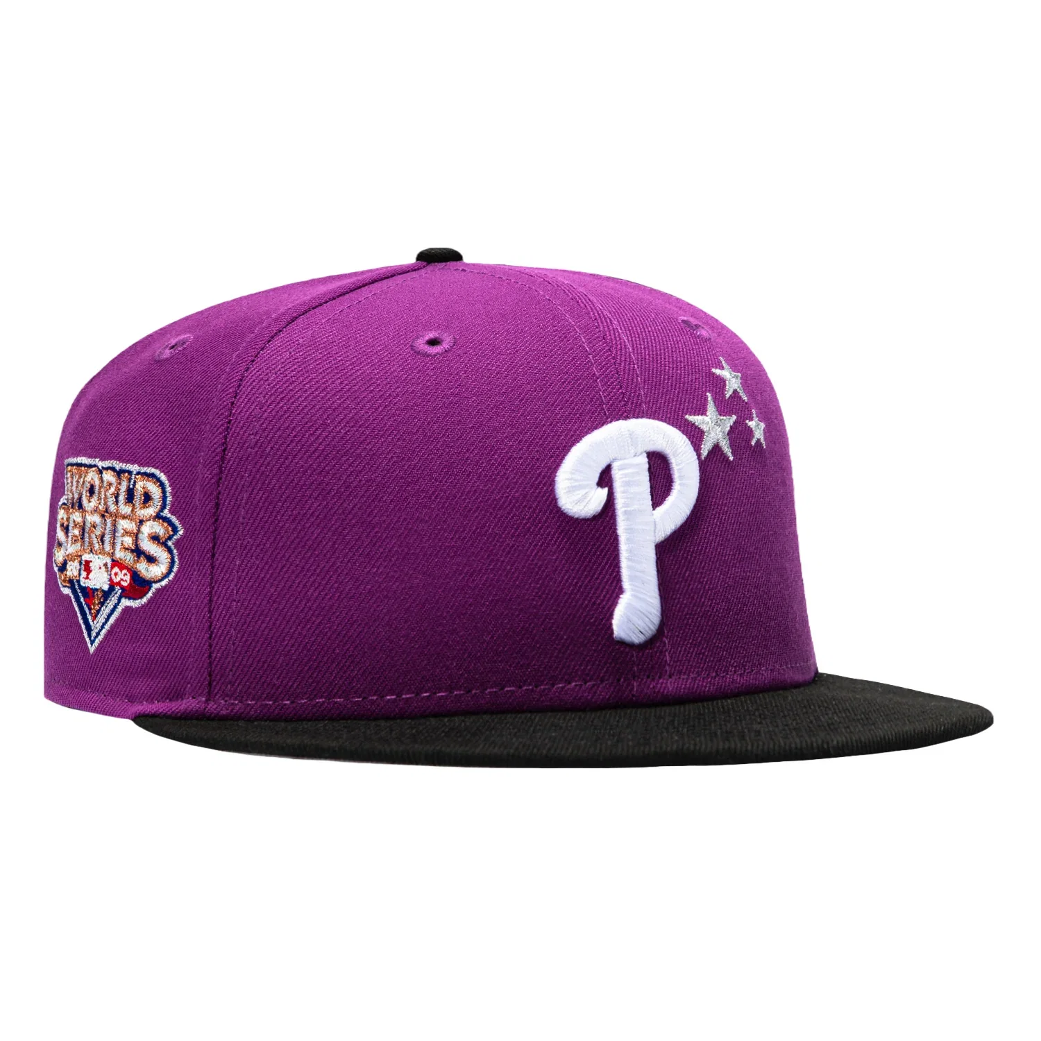Image of New Era 59Fifty Philadelphia Phillies 2009 World Series Patch Stars Hat - Purple, Black