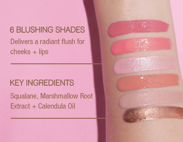 LiquidGlow Blush swatches across a range of skin tones
