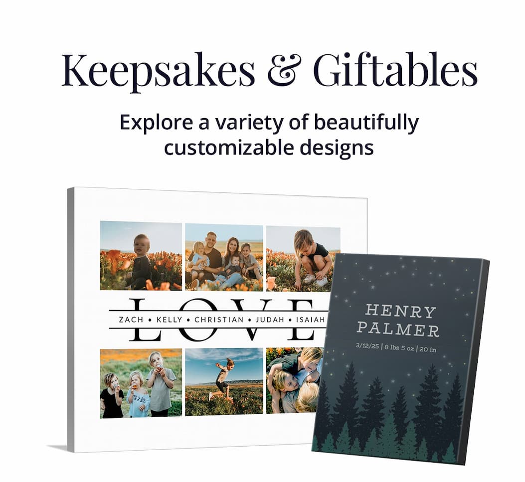 Keepsakes and Giftables: Explore a variety of beautifully customizable designs.