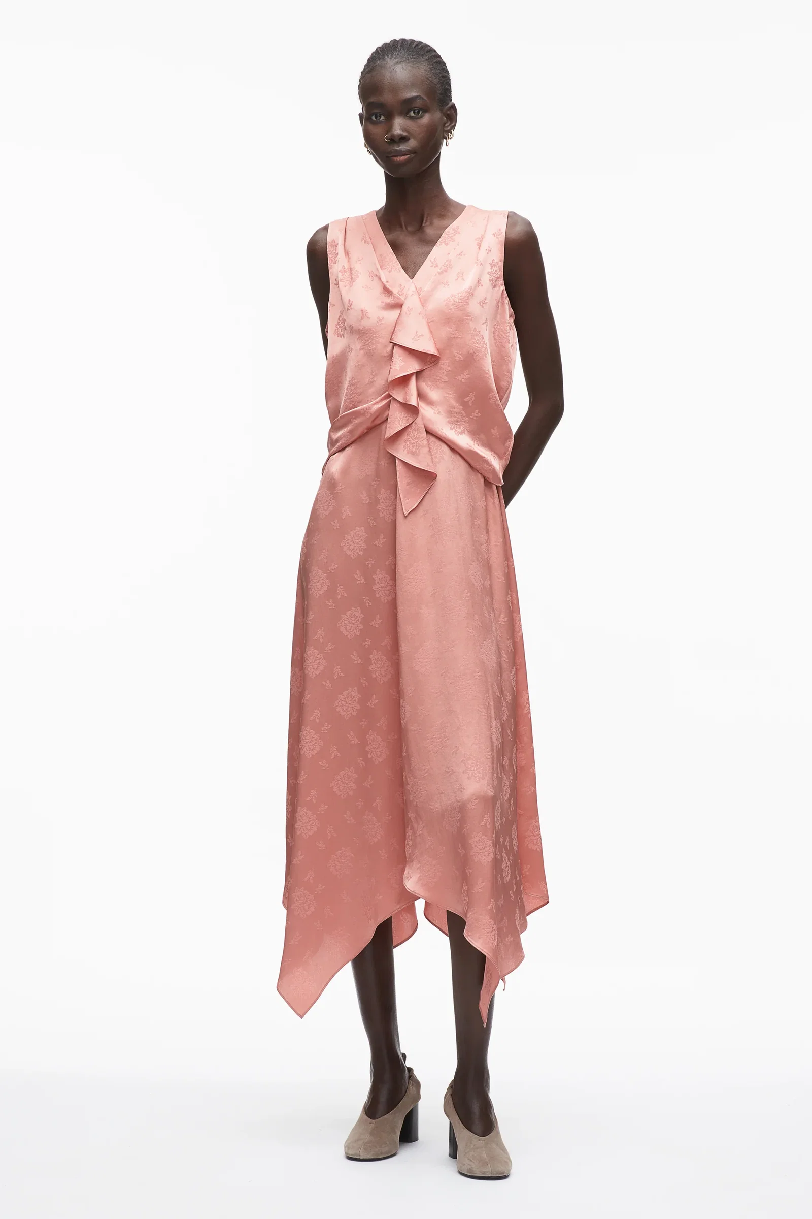 Image of Floral Jacquard Draped Handkerchief Dress