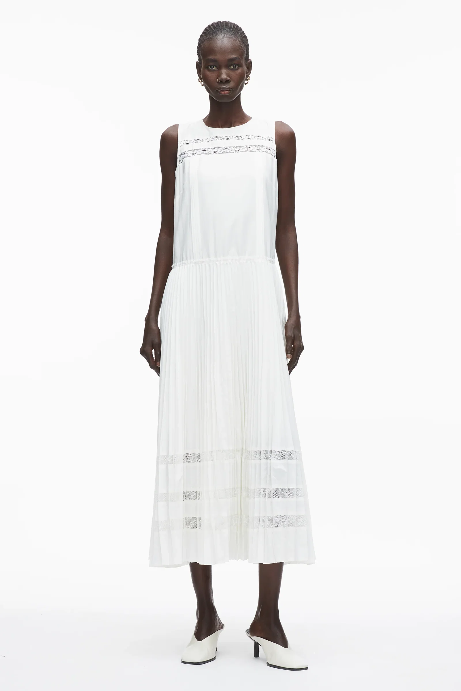 Image of Pleated A-Line Dress With Lace Insert