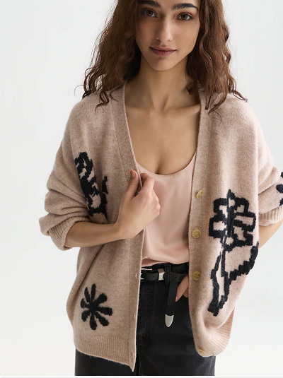 Intarsia Oversized-Fit Cardigan