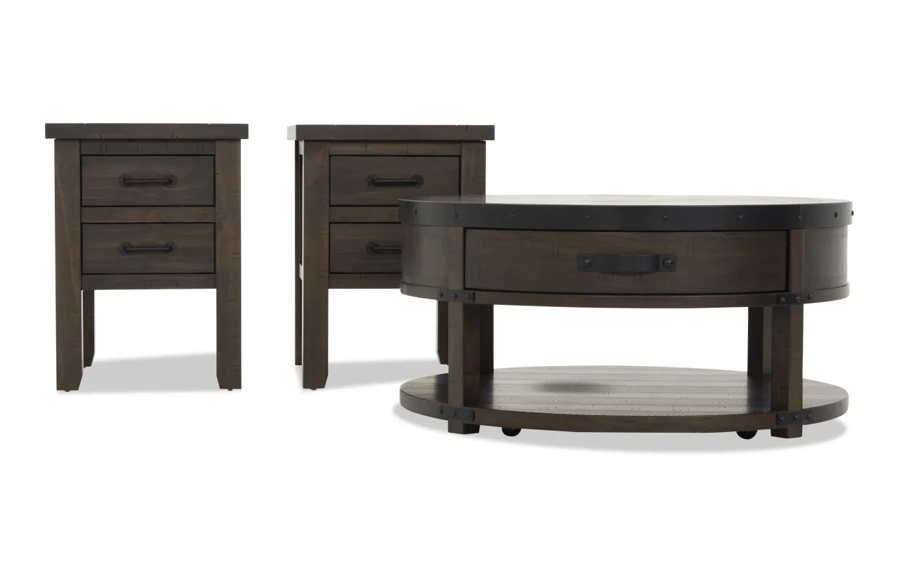 Montana Brown Round Storage Coffee & 2 Chairside Table Set