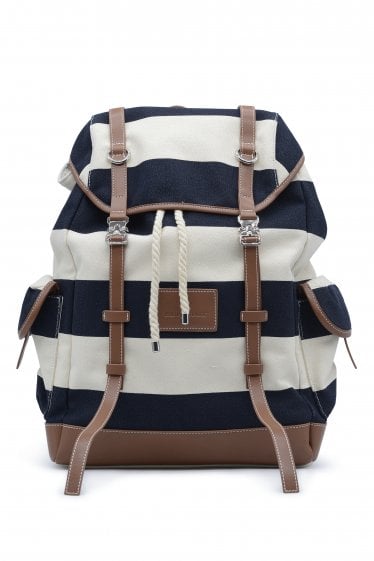 Leather Canvas Striped Backpack Navy