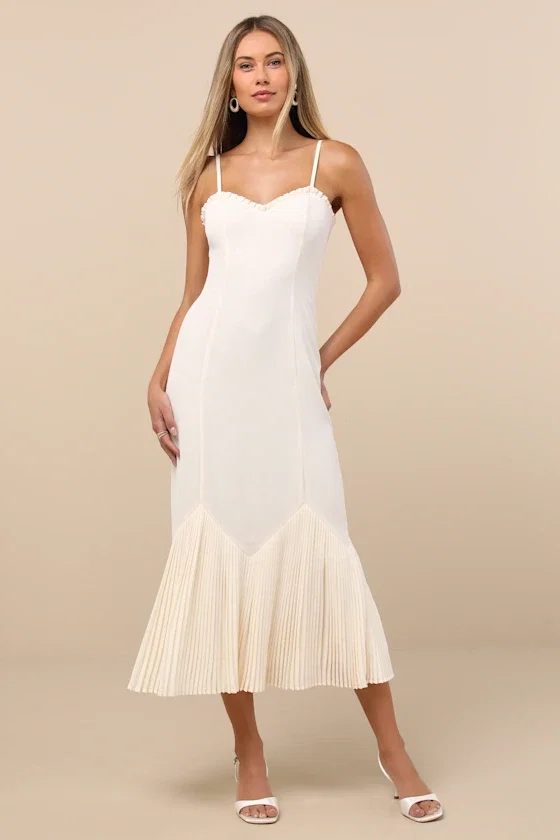 Image of Channa Ivory Pleated Hem Midi Dress