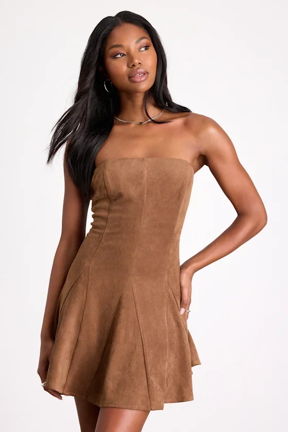 Image of Andrada Light Brown Suede Strapless Mini Dress