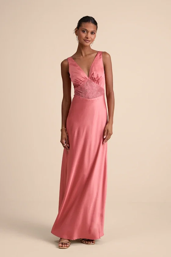 Image of Toulouse Rusty Rose Satin Lace Maxi Dress