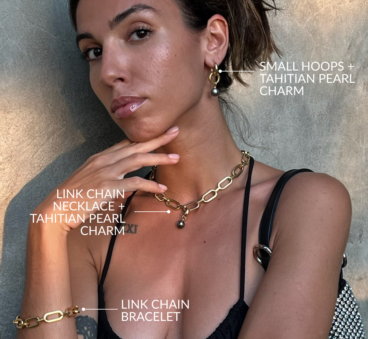 Small hoops + tahitian pearl charm, Link Chain Necklace + Tahitian Pearl Charm, Link Chain Bracelet Small hoops + tahitian pearl charm, Link Chain Necklace + Tahitian Pearl Charm, Link Chain Bracelet