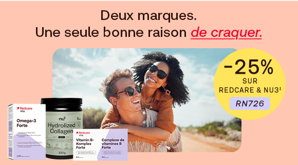 Deux marques, une seule bonne raison d’en profiter : 25 % de réduction sur Redcare et Nu3 avec le code RN726. La bannière montre des compléments alimentaires et un couple souriant à la plage, invitant à découvrir l’offre.