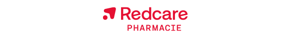 Logo Redcare PHARMACIE en rouge sur fond blanc, avec symbole en forme de cœur à gauche.