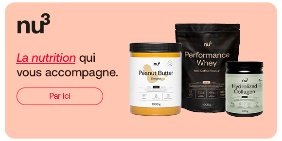 Nu3 propose des produits de nutrition sportive et alimentaire, dont du beurre de cacahuète, de la whey et du collagène hydrolysé. La bannière invite à découvrir des solutions adaptées à la nutrition, au sport et au bien-être.
