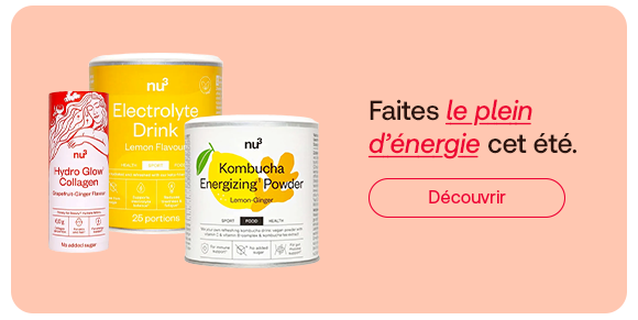 Nu3 propose des compléments alimentaires pour l’été, avec des électrolytes, une poudre de kombucha et du collagène hydrolysé. La bannière invite à découvrir des produits pour favoriser l’énergie, la récupération et le bien-être.