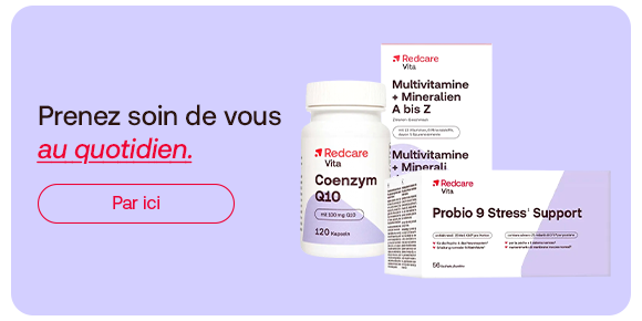 Prenez soin de vous au quotidien avec les compléments alimentaires Redcare Vita : coenzyme Q10, multivitamines et probiotiques. La bannière invite à découvrir des produits adaptés à votre routine santé quotidienne.